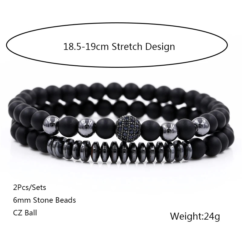 New 3Pc/Sets Micro Pave CZ 8mm Disco Ball & Bar Charms Bracelets Sets 6mm Matte Beads Stone Bracelet Men Women Jewelry bileklik