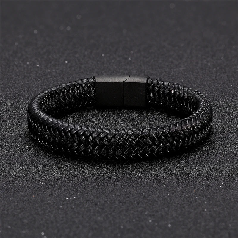 Classic Men Jewelry Genuine Leather Bracelets Titanium Black Rope Steel Magnetic Clasp Bracelets Wristband for Male Jewelry Gift